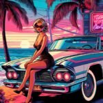 GTA Vice City inspired retro Miami lifestyle 1980s, sunset beach with a vintage car under palm trees